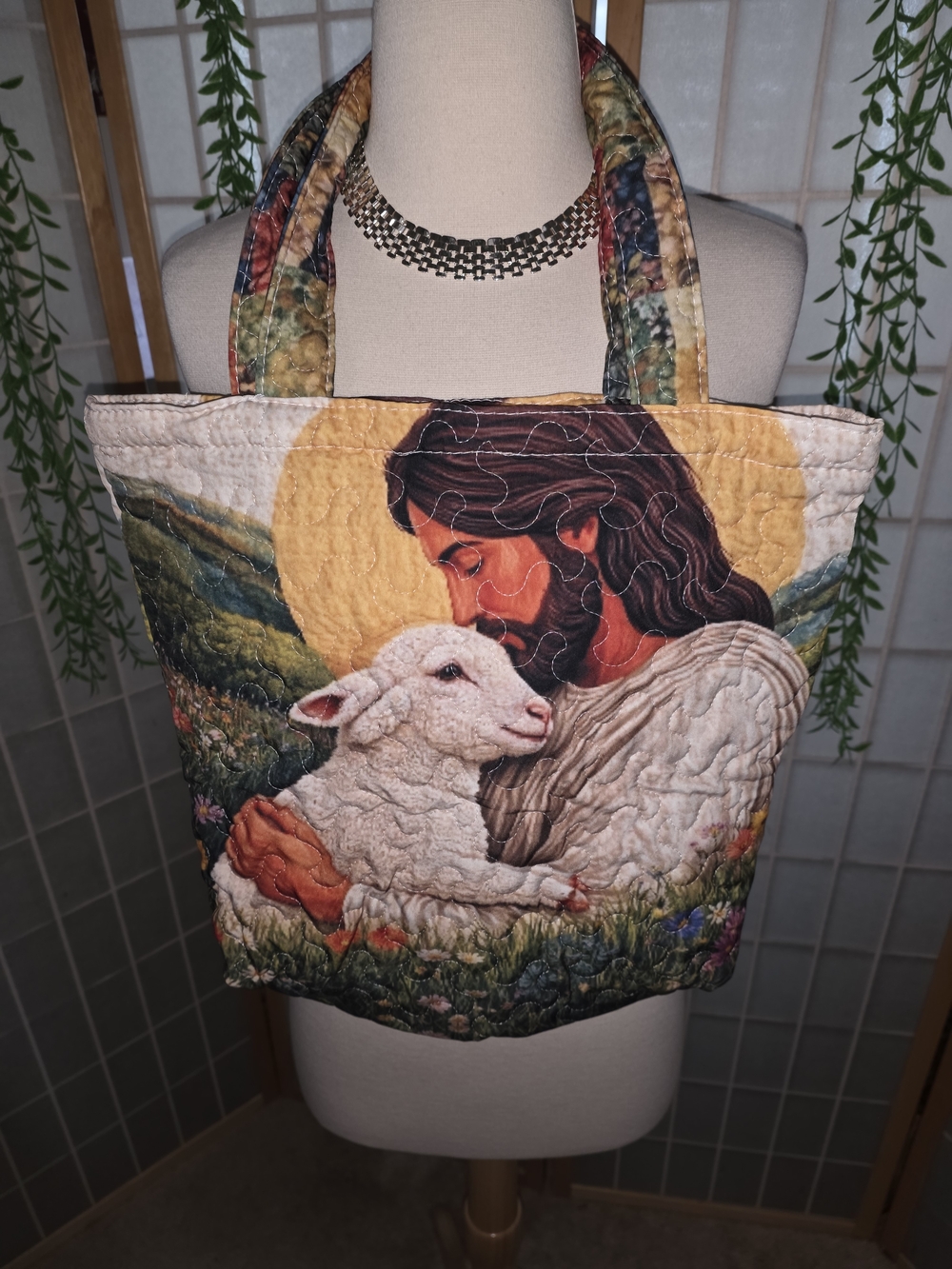 Quilted Jesus & Lamb Tote Bag in Multi-Color